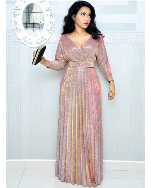 Winter African Women Wear Long Sleeve Bronzing Pleated Swing Dress with Belt Glittering Powder Fabric