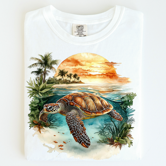 Retro Sea Turtle Ocean Sunset Scene Shirt - Printed On Comfort Colors
