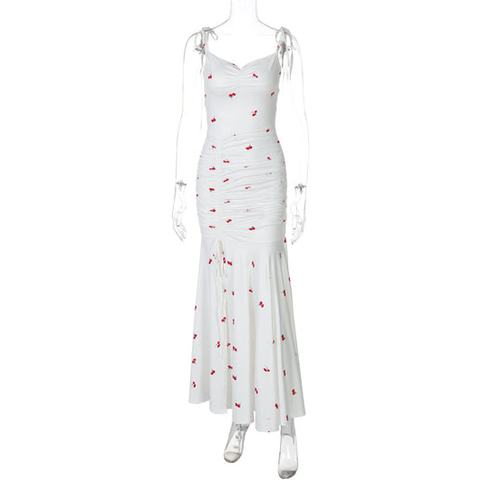 Women Clothing Summer Printing Sexy Suspenders Ruched Split Dress Women Summer Dress