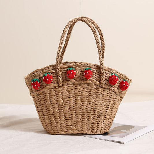 Cute Strawberry Portable Vegetable Basket Bag Hand Carrying Large Capacity Straw Bag Vacation Beach Bag Hand Woven Bag