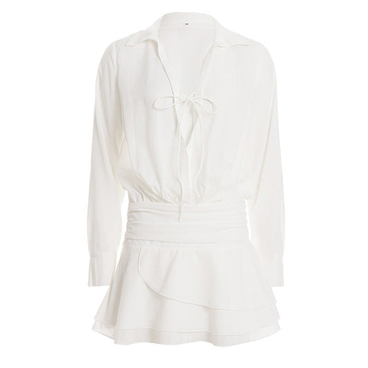 Casual Solid Color Hollow Out Cutout out Strap Stacked Long Sleeve Dress Women Deep V Plunge Drape Waist Tiered Dress