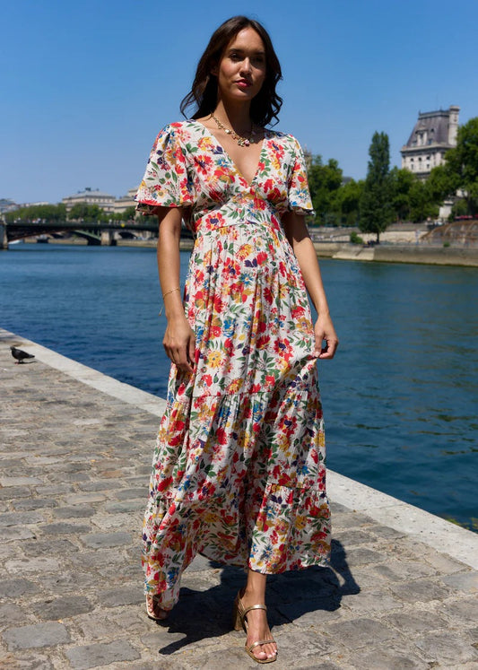 Autumn Floral V neck Flared Sleeves French Dress Maxi Dress