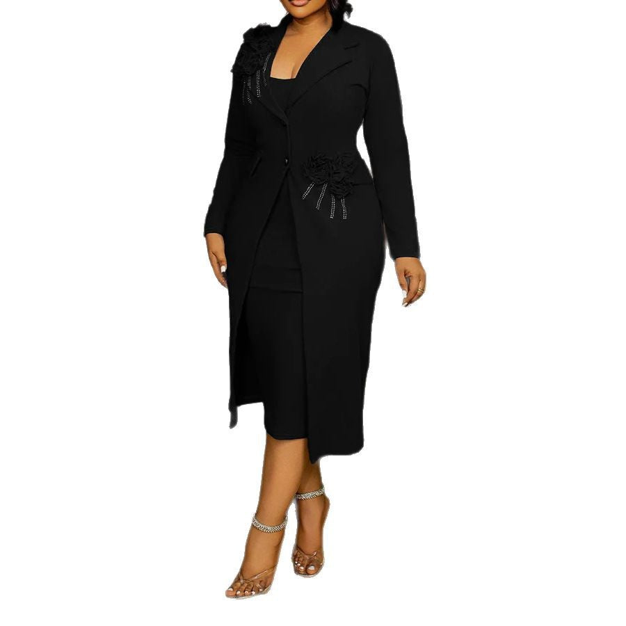Women Elegant Stretch Slim Fit Floral Pearl Rhinestone Sheath Blazer plus Inner Suspender Two