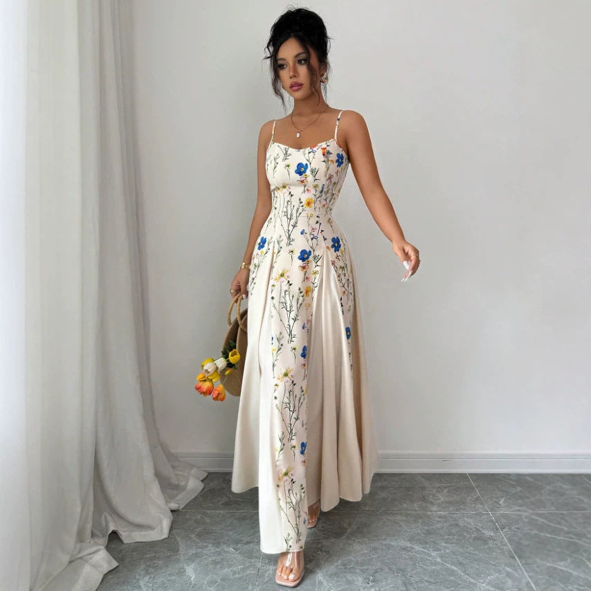splicing dress maxi Summer Printed Waist Controlled Sling Women Elegant Floral Dress S / Navy Blue event:Special Occasion US Size:XL Tomilade Dress Burnt Orange shoulder tie detail and