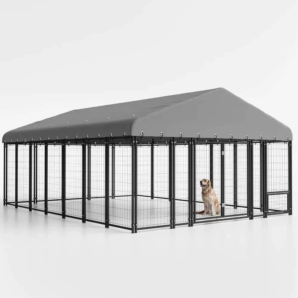 10x14ft Outdoor Dog Kennel - Spacious Double Door Run with Feeding Station