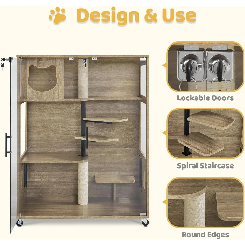 Wooden Cat House - Luxury Large Condo with Lockable Wheels & Escape Door