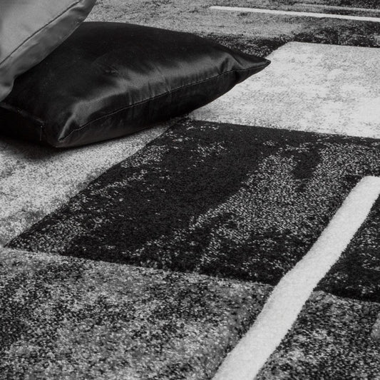 Area Rug Madeira Checkered with Contour Cut - Grey Black