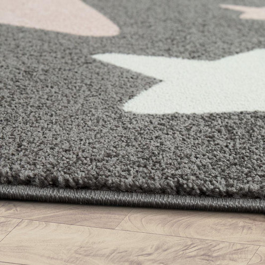 Nursery Rug for Kids in Grey with Pink White Pastel Stars