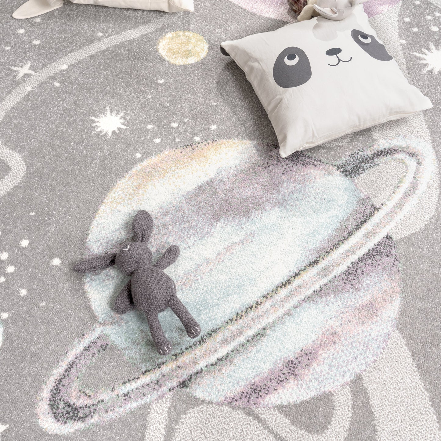 Kids Rug Nino Space with pastel colored Planets and Stars in Grey