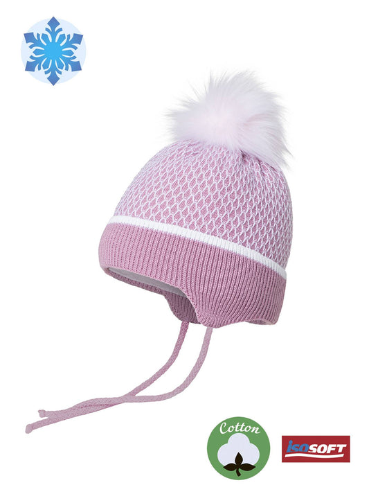 Дитяча шапка подвійного в'язання Conte/Esli з утеплювачем, бавовняною підкладкою, хутряним помпончиком - Для дівчаток (17С-92СП)