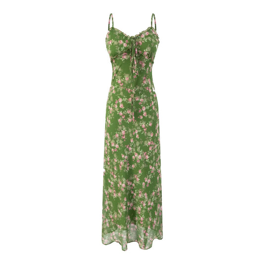 Spring Summer Beach Vacation Casual Floral Print Green Background Suspender Dress