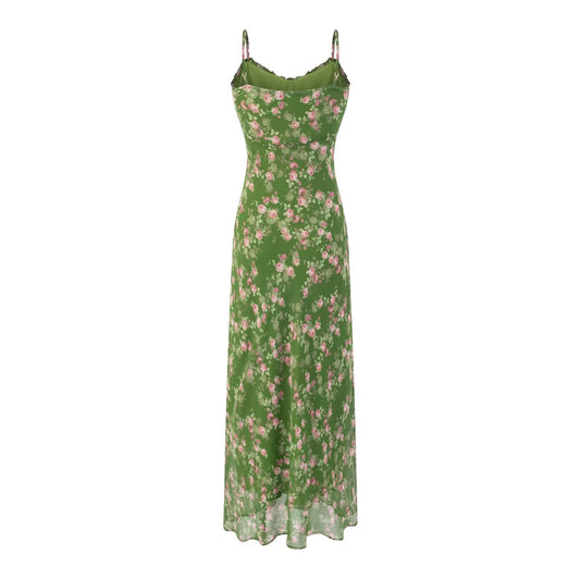 Spring Summer Beach Vacation Casual Floral Print Green Background Suspender Dress