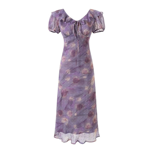 Lace up Light Purple Ruffled Maxi Dress Women Summer Tight Waist Slim Fit Dress