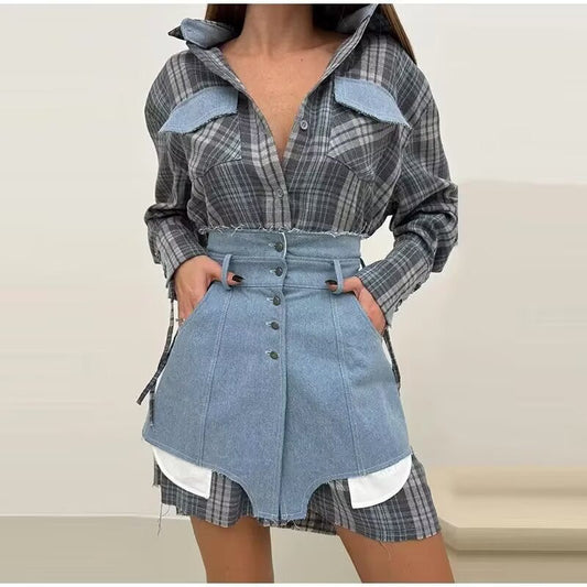 Women Clothing Plaid Shirtdress Two Piece SkirtSets