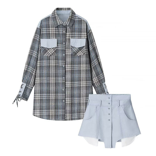 Women Clothing Plaid Shirtdress Two Piece SkirtSets