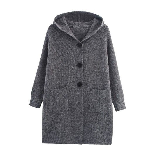Women Clothing Hooded Lazy Thick Loose Knitted Pocket Cardigan Coat Overcoat
