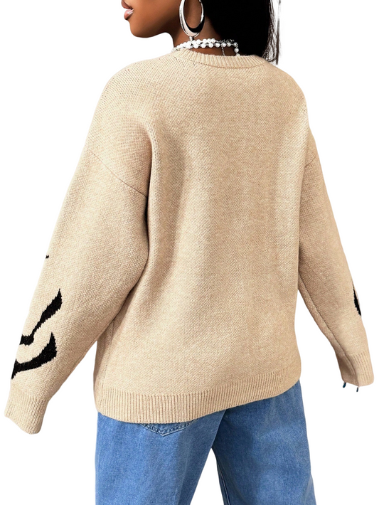 Women High Elastic Loose Long Sleeve Letters Pullover Knitted Sweater