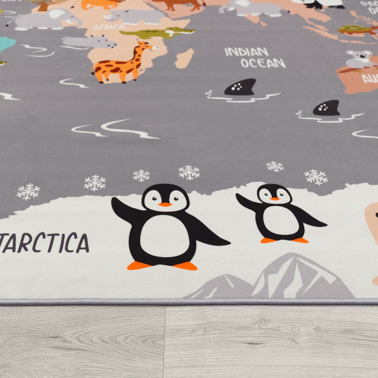 Play Mat Lilo Educational Kids Rug with World Map & Animals in Grey