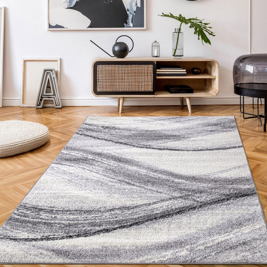 Modern Area Rug Fiesta with Artistic Waves in Grey Tones