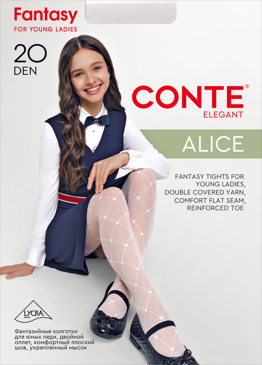 Conte Alice 20 Den - Fantasy Tights for Girls with Geometric Pattern and Hearts - 12, 14, 16yr. (24S-169SP)