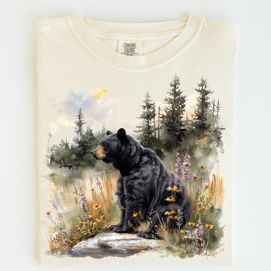 Retro Black Bear Wilderness Scene Shirt - Printed On Comfort Colors
