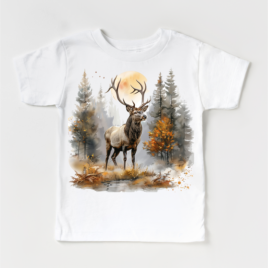 Retro Elk Watercolor Nature Scene Shirt - Kids Tee
