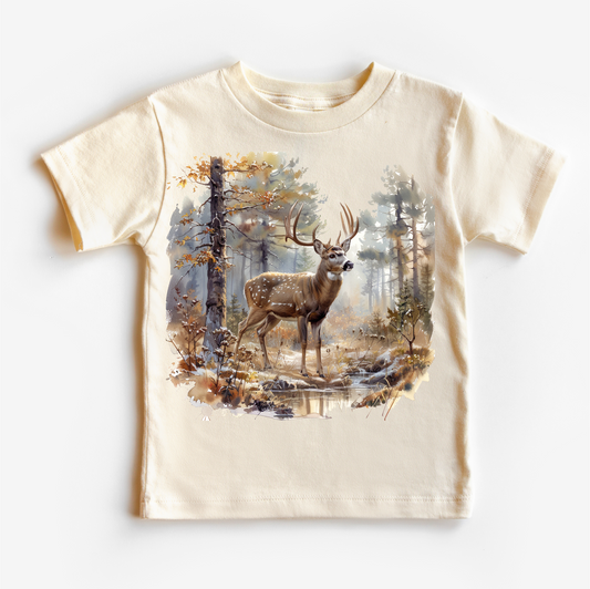 Retro Deer Watercolor Nature Scene Buck Shirt - Kids Tee