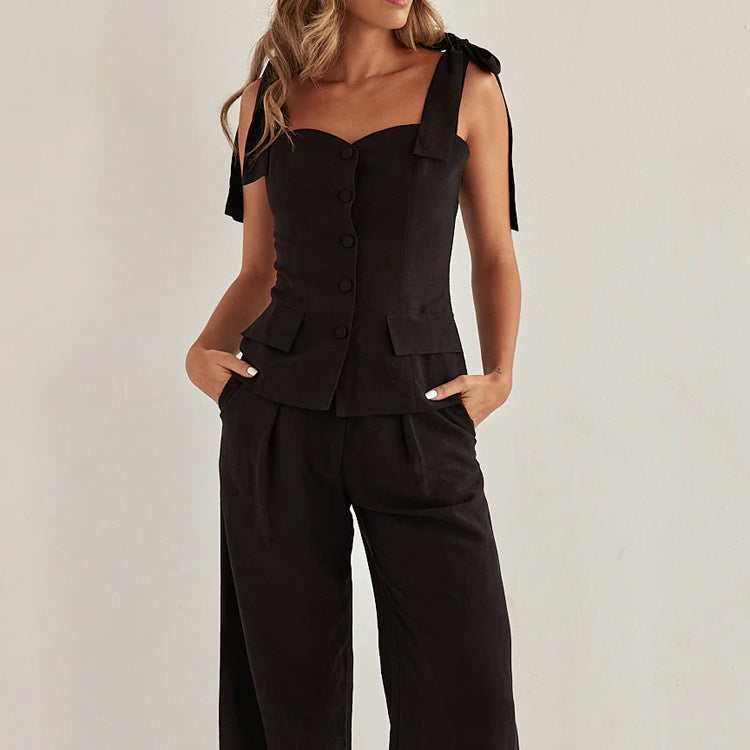 Spring Summer Black Bandeau Sling Top High Waist Wide Leg Pants Two Piece Set