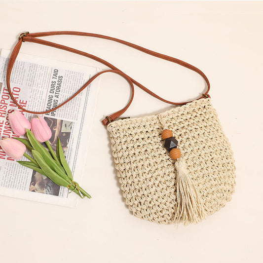 Supply Crossbody Straw Bag Wooden Bead Tassel Straw Bag Woven Bag Vacation Beach Bag Women Shoulder Bag