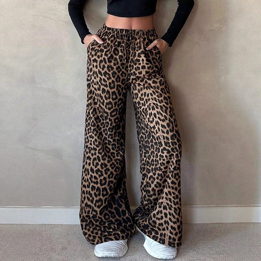 Women Clothing Satin Casual Pants Fall High Waist Leopard Print Loose Straight Satin Wide Leg Pants