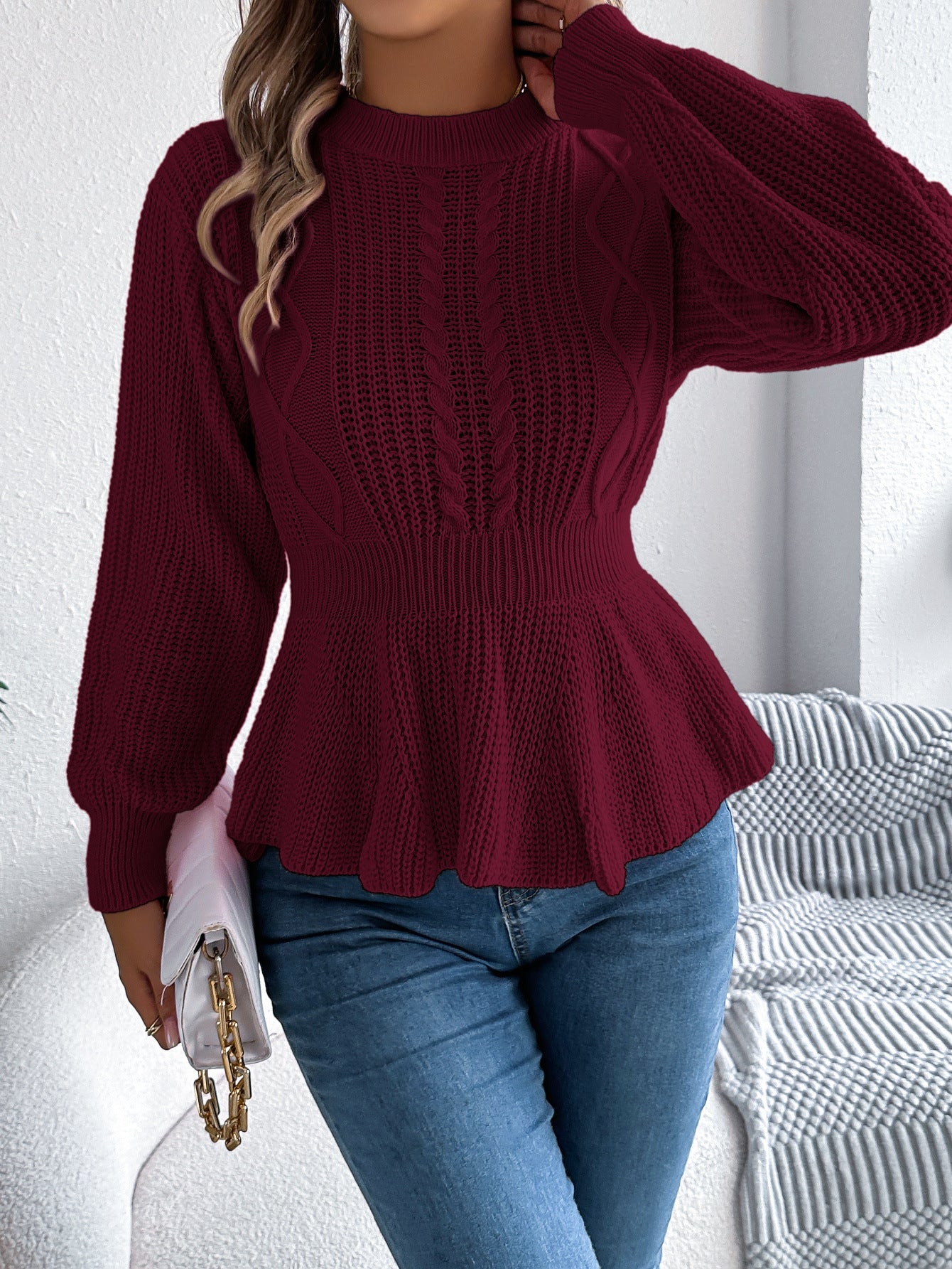 Autumn Winter Solid Color Twist Waist Trimming Ruffles Long Sleeve Pullover Sweater Women Clothing