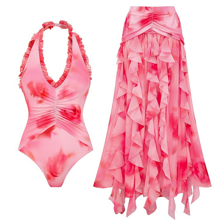 Printed One Piece Swimsuit Women Vacation Beach Tassel Skirt Sets