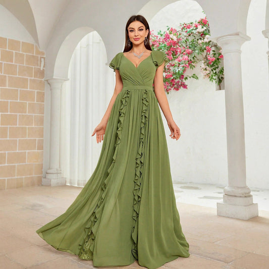 Elegant Ball Dress Fall High End Ruffled Maxi Dress V neck Dress