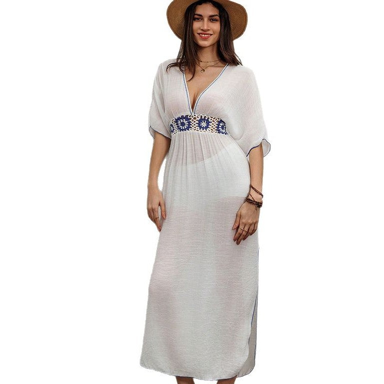 Summer Solid Color Dress Knitted Embroidered Holiday Beach Sun Shield Women