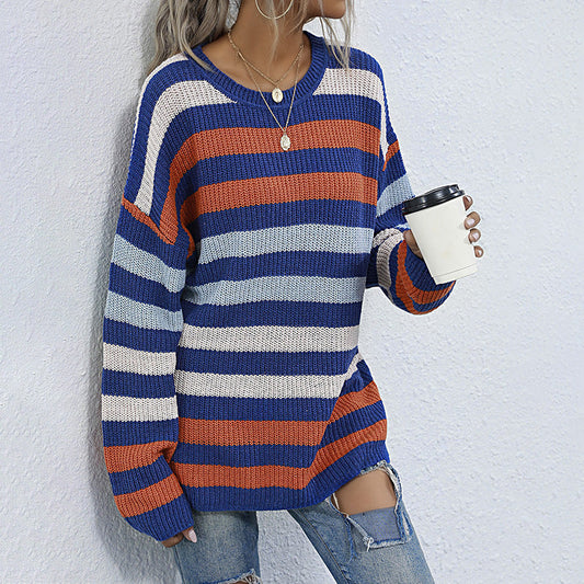 Mid Length Autumn Winter Loose Striped Crew Neck Long Sleeves Bottoming Sweater Women
