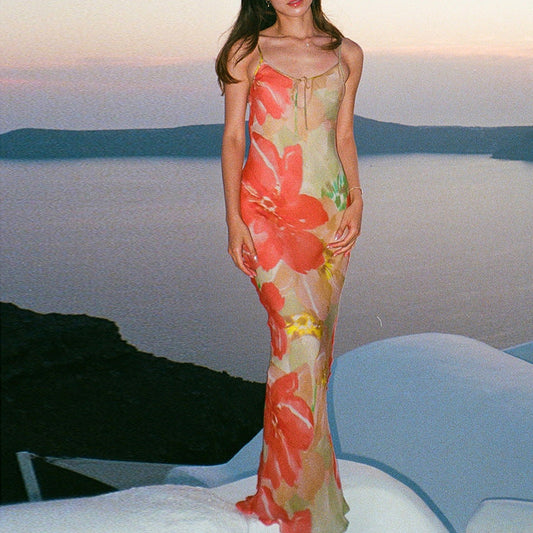 Sexy Suspenders Hollow Out Cutout Print Backless Dress Women Vacation Sexy Dress