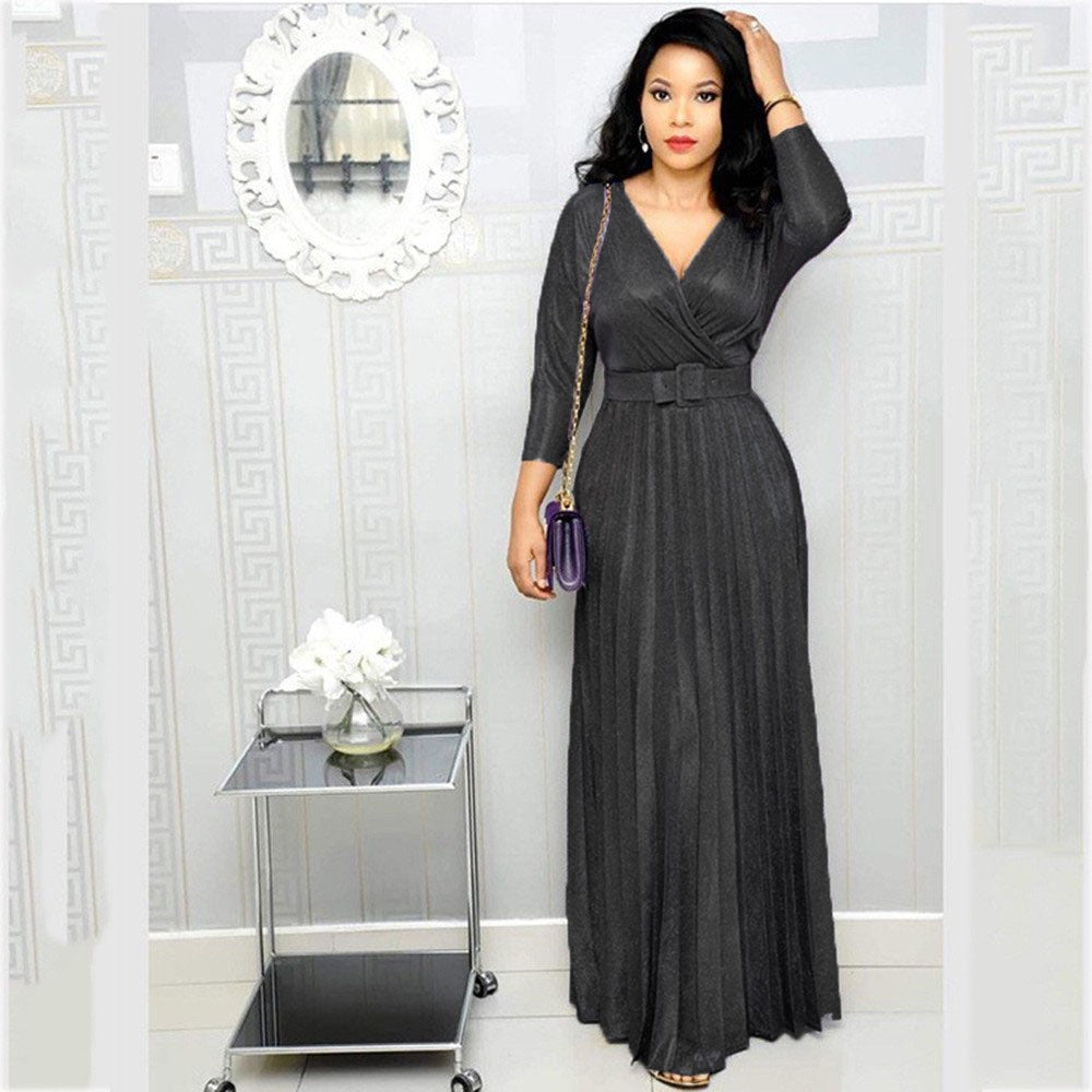 Winter African Women Wear Long Sleeve Bronzing Pleated Swing Dress with Belt Glittering Powder Fabric