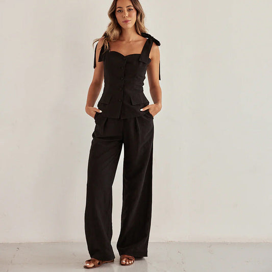 Spring Summer Black Bandeau Sling Top High Waist Wide Leg Pants Two Piece Set