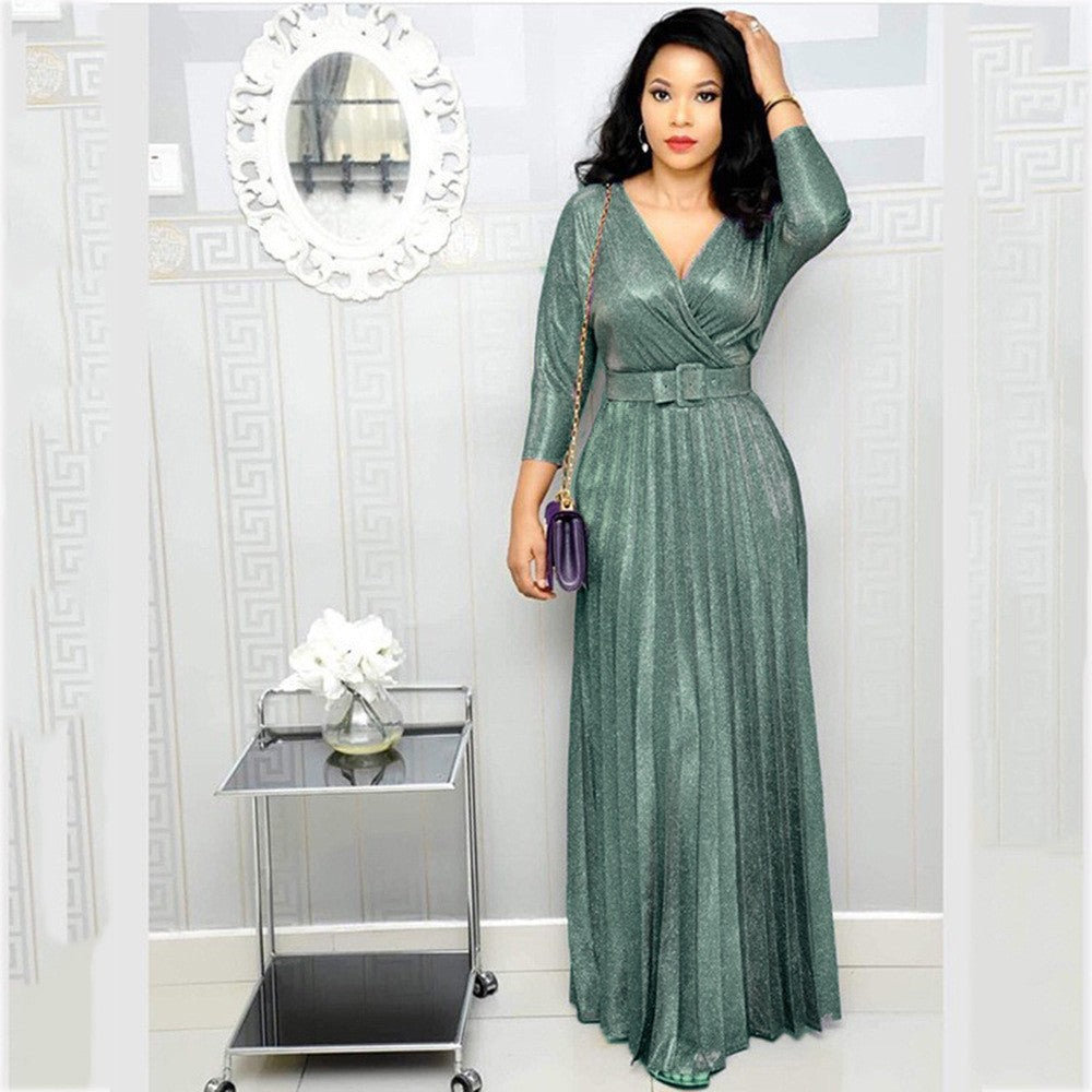 Winter African Women Wear Long Sleeve Bronzing Pleated Swing Dress with Belt Glittering Powder Fabric