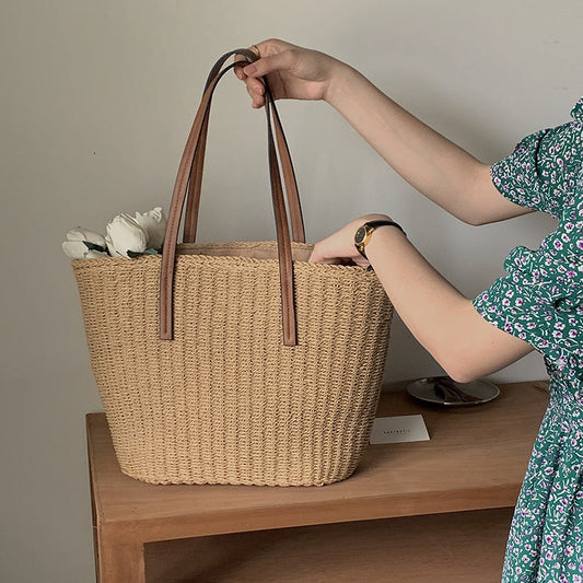 Simple Straw Bag Straw Bag Woven Bag Vacation Beach Bag All Match Shoulder Bag Summer Office Tote