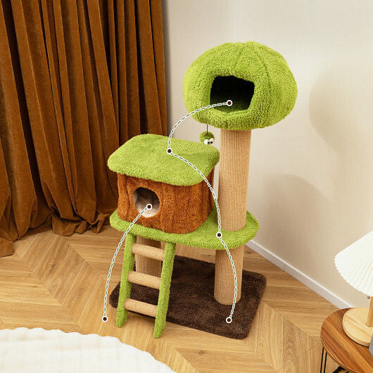 Cute Cat Tree for Indoor Cats with Mushroom-shaped Nest Condo and Climbing Ladder-Green