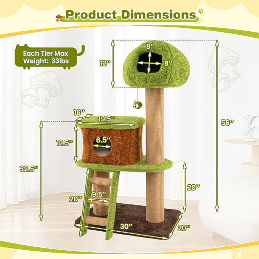 Cute Cat Tree for Indoor Cats with Mushroom-shaped Nest Condo and Climbing Ladder-Green