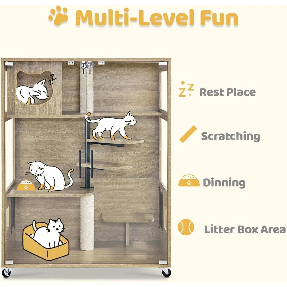 Wooden Cat House - Luxury Large Condo with Lockable Wheels & Escape Door