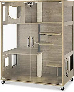 Wooden Cat House - Luxury Large Condo with Lockable Wheels & Escape Door