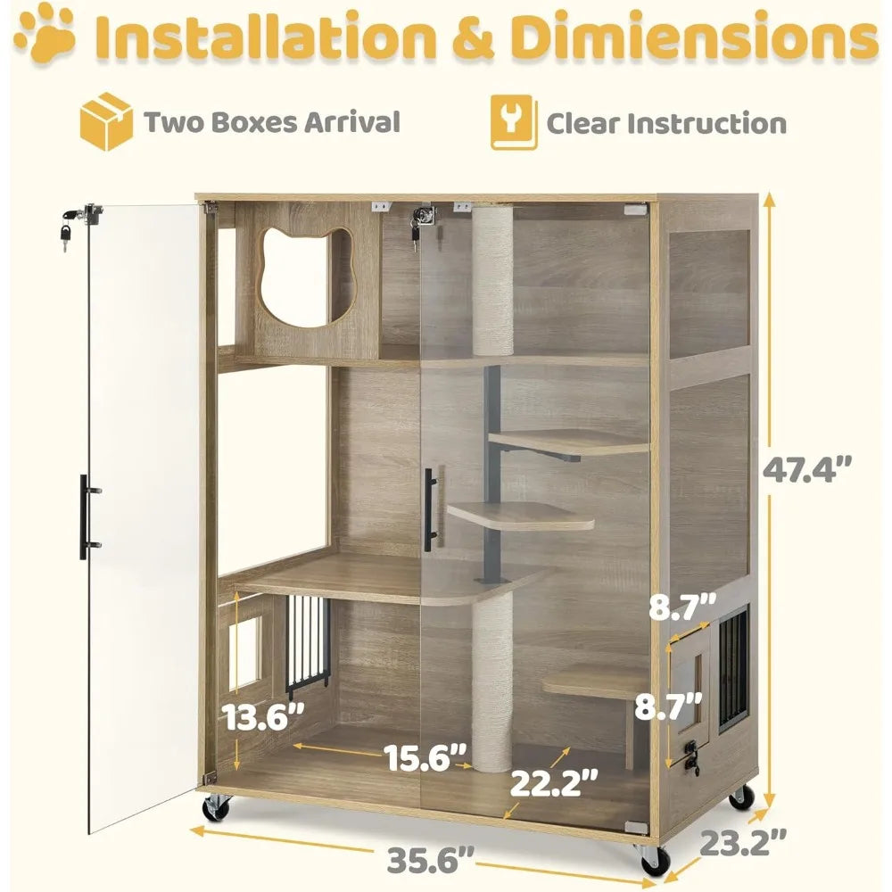 Wooden Cat House - Luxury Large Condo with Lockable Wheels & Escape Door