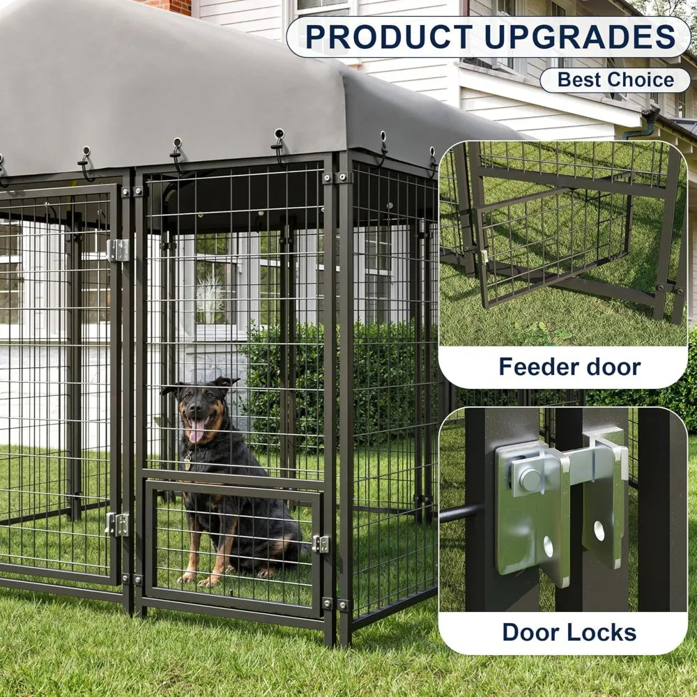 10x14ft Outdoor Dog Kennel - Spacious Double Door Run with Feeding Station