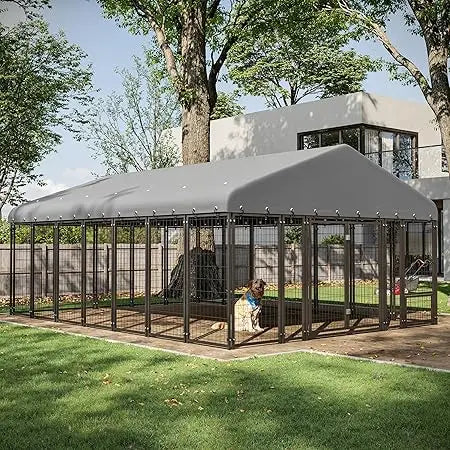 10x14ft Outdoor Dog Kennel - Spacious Double Door Run with Feeding Station