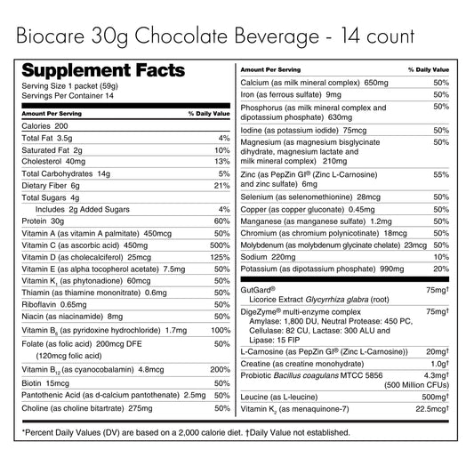 30G Protein Chocolate Biocare Dietary Beverage (14-Servings)