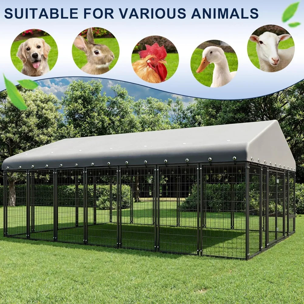 10x14ft Outdoor Dog Kennel - Spacious Double Door Run with Feeding Station