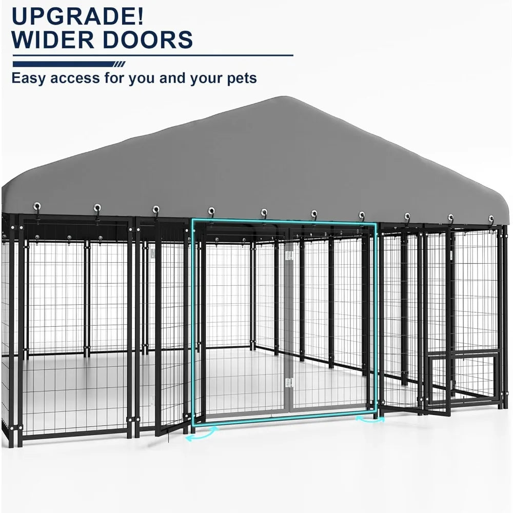 10x14ft Outdoor Dog Kennel - Spacious Double Door Run with Feeding Station